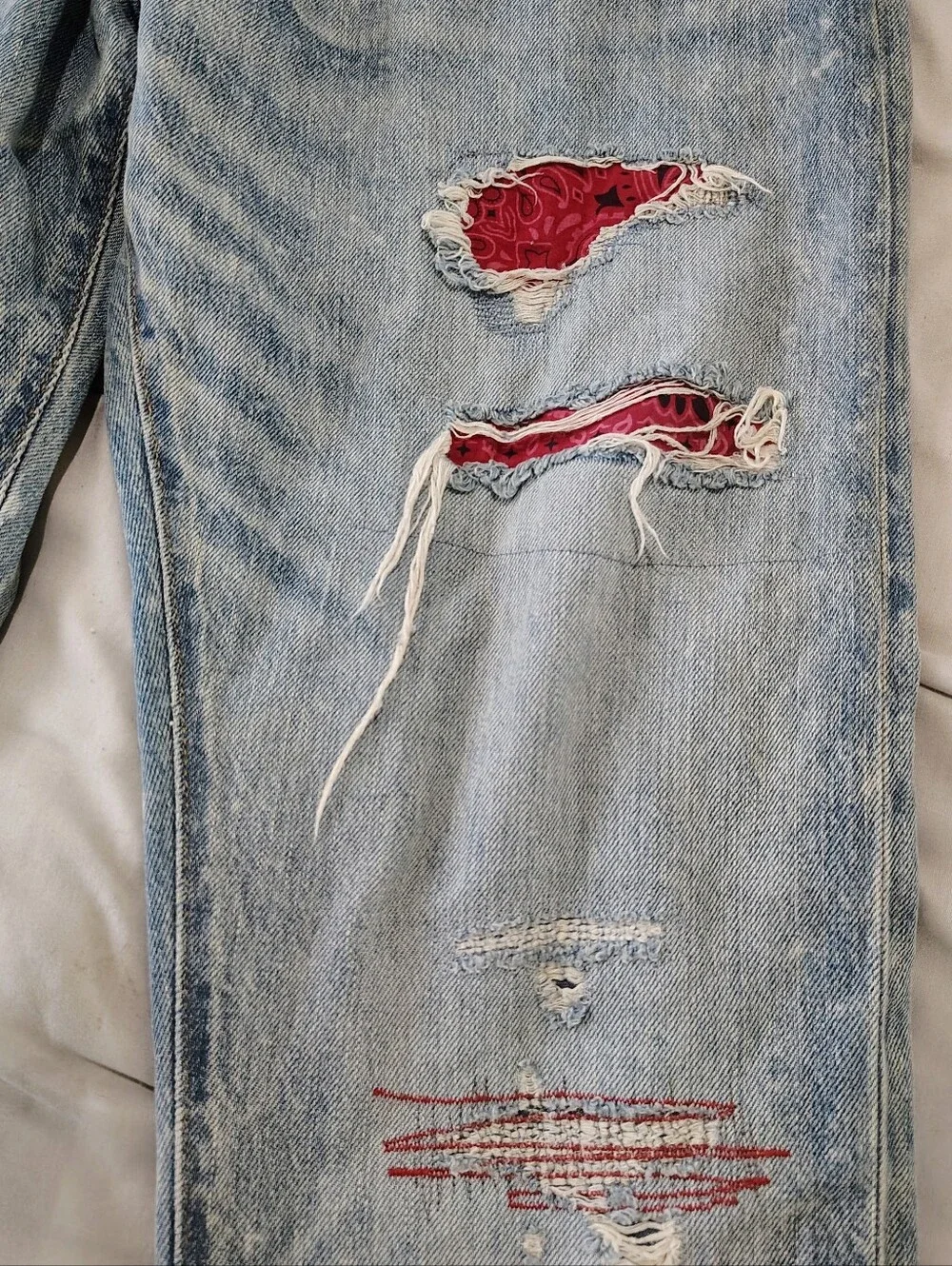Polo Ralph Lauren Varick Slim 32x32 Distressed Patchwork Light Wash Jeans